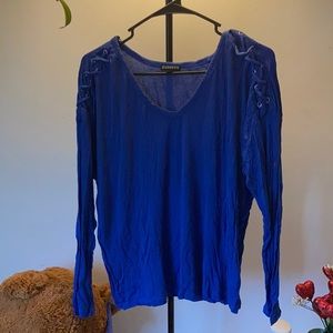 Express brand blue size M long sleeve top with lacing detail on the shoulder